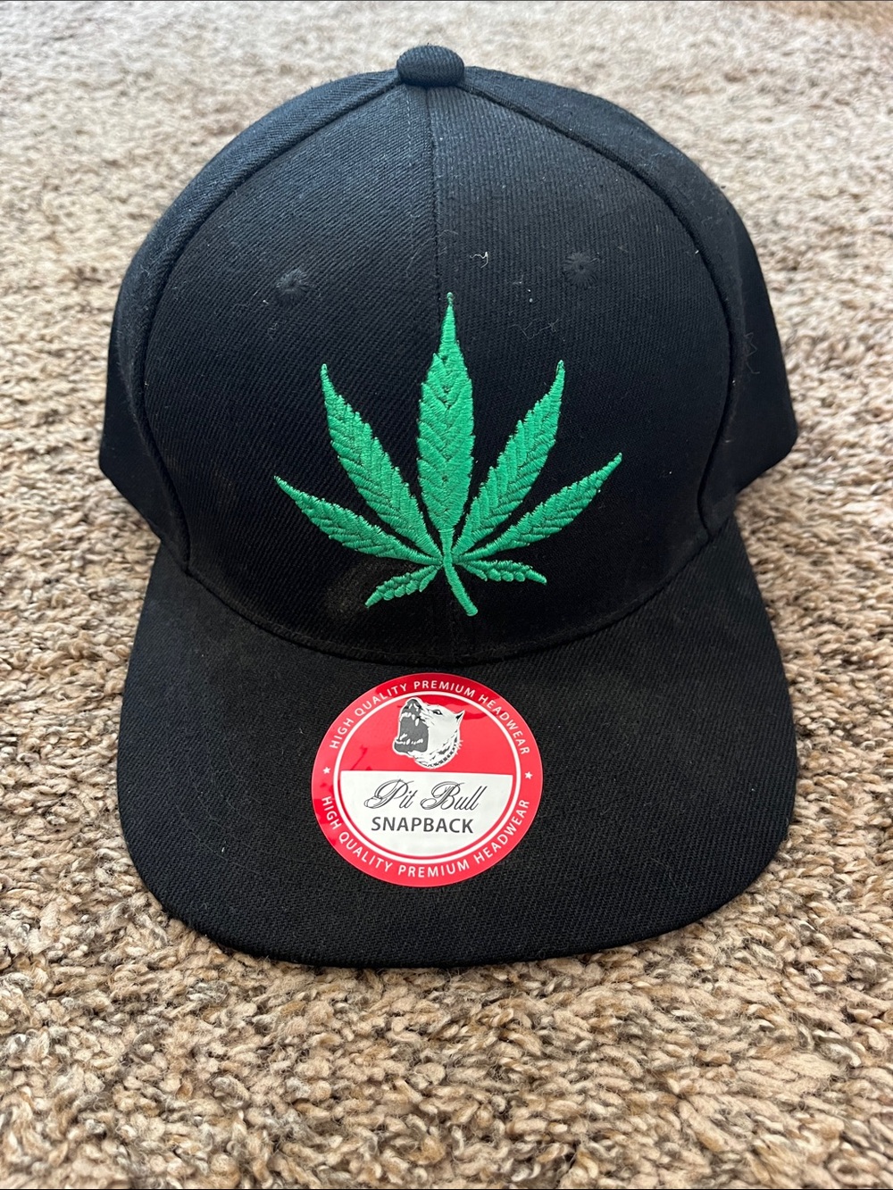 Pit Bull Black Snapback Hat with Green Leaf Embroidery